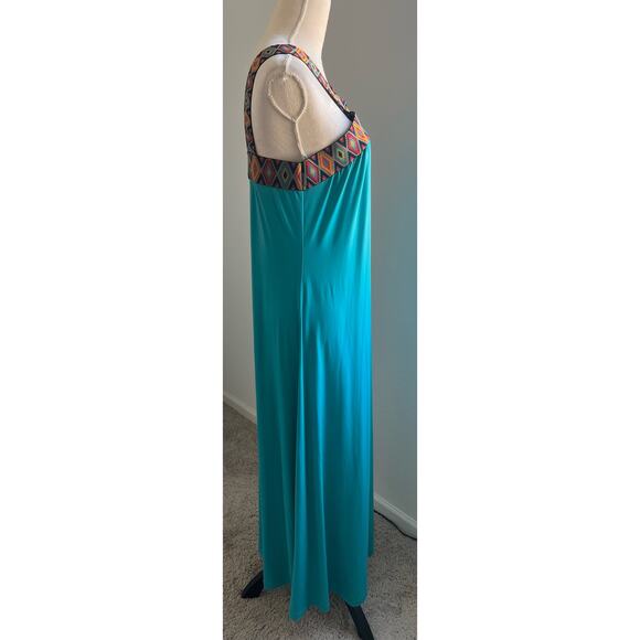 New York & Company Teal Aztec Jersey Knit Maxi Sleeveless Built In Bra Dress L - Picture 3 of 11